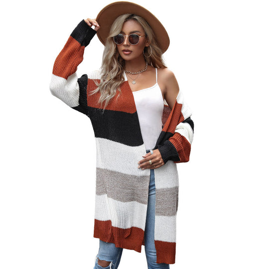 Damen Langer Offener Strickcardigan mit breiten Colorblock-Streifen und gerippten Bündchen Shop Nory