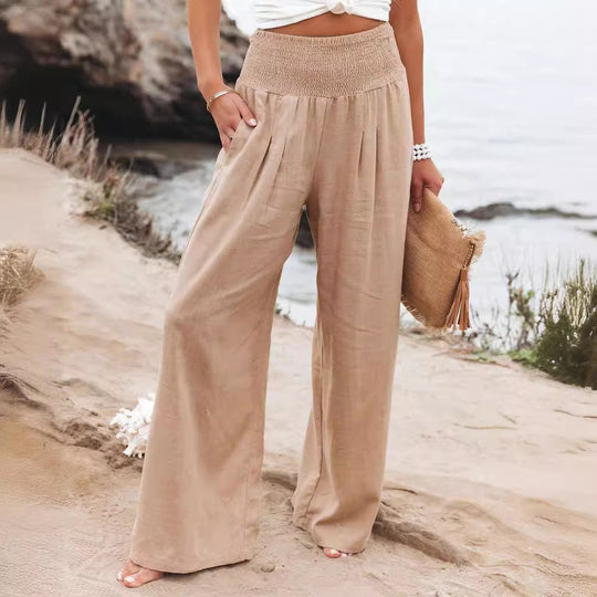 Frauen Weite Bein Smocked Hohe Taille Leinenmischung Hosen Shop Nory
