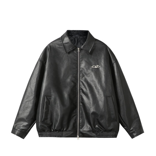 Damen Oversize Glattleder‑Optik Blousonjacke mit elastischem Saum und Metall‑Logo Shop Nory