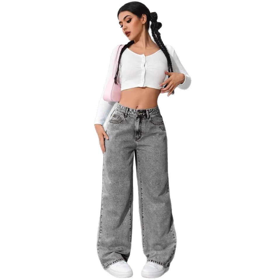 Damen Weit geschnittene Jeans mit kräftigen Kontrastnähten und verspielt gestickten Taschen