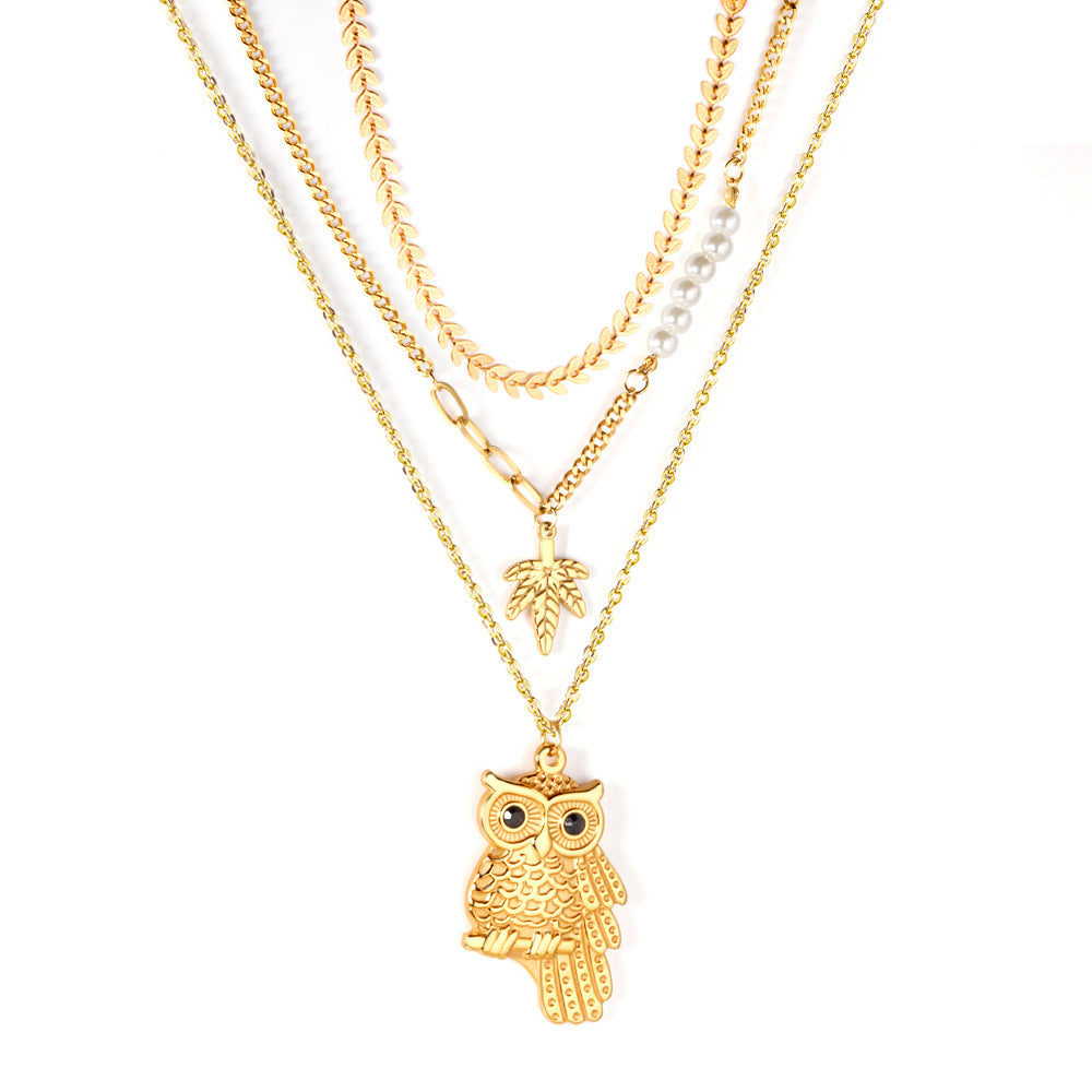 Damen mehrlagige Halskette mit Eulen-Anhänger und goldplattierten Elementen Shop Nory