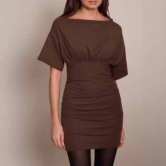 Damen Figurnahes Mini-Kleid mit U‑Boot‑Ausschnitt, Taillenraffung und Fledermausärmeln Shop Nory