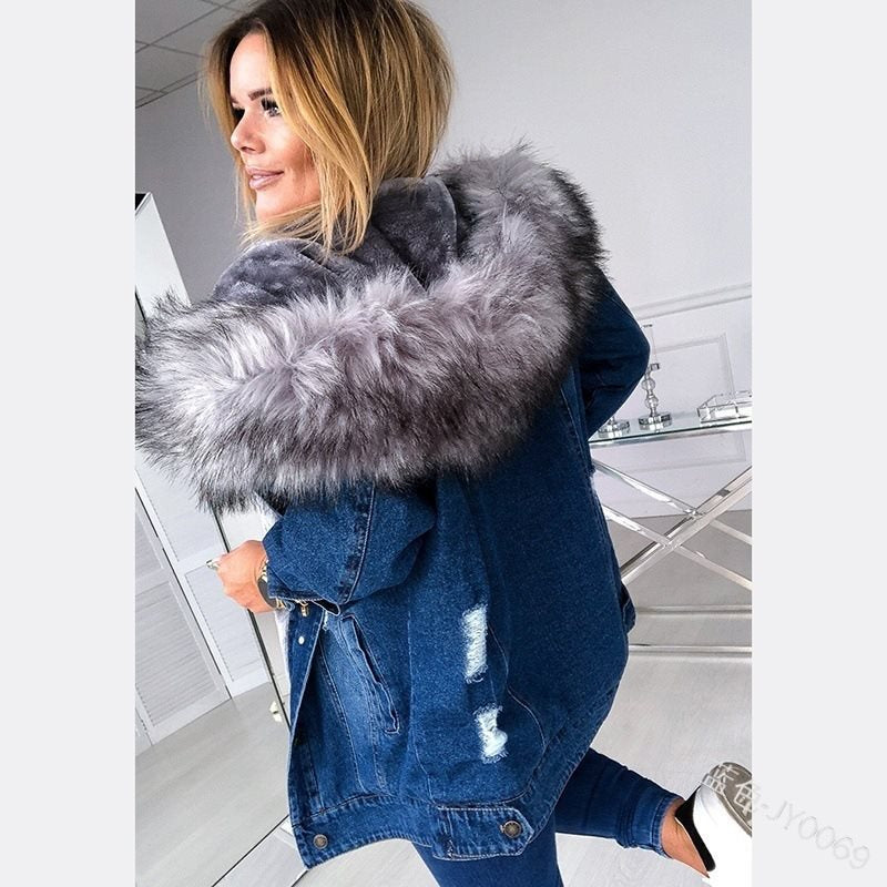 Damen Oversize Denim-Parka mit abnehmbarem Kunstpelzkragen und Used-Effekt Shop Nory