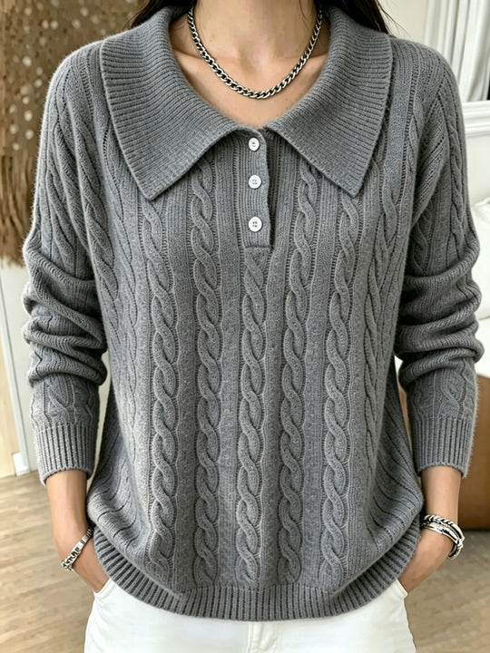 Damen Kabelstrick-Polo-Pullover mit großem Umlegekragen und lockerer Silhouette Shop Nory