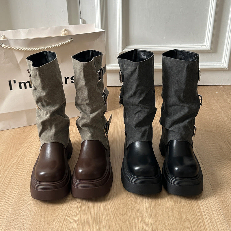 Damen Boots mit modischer Schnallenverzierung und robustem Plateau-Heel