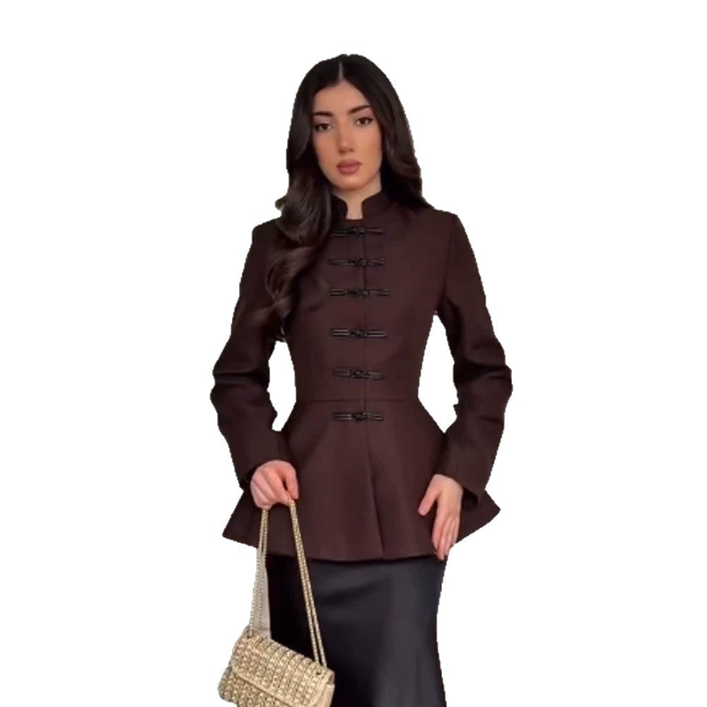 Damen Taillierte Peplum-Jacke mit Stehkragen und dekorativen Knebelverschlüssen Shop Nory