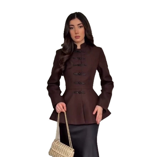 Damen Taillierte Peplum-Jacke mit Stehkragen und dekorativen Knebelverschlüssen Shop Nory