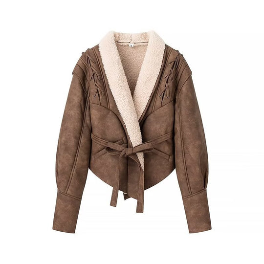 Damen Kurzjacke im Aviator‑Look mit Sherpa‑Futter, Bindegürtel und Schulter‑Schnürung Shop Nory