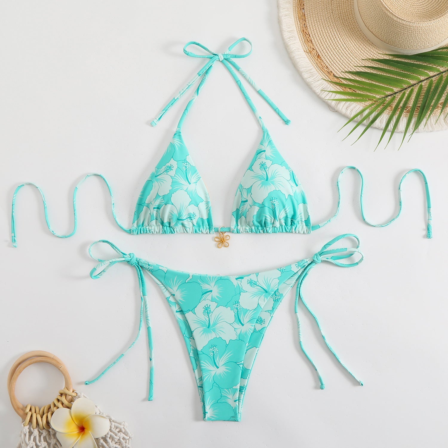 Damen Triangel-Bikini-Set mit floralem Design und verspielten BindShopnoryändern