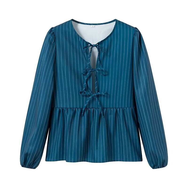Damen Gestreifte Peplum‑Bluse mit vorderer Schnürung und langen Ballonärmeln Shop Nory