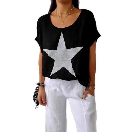 Damen lässiges Leinenoberteil mit glitzerndem Sternmotiv Shopnory