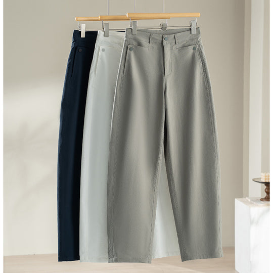Damen hochtaillierte weite Stoffhose mit geradem Bein, Komfortbund und Eingrifftaschen Shop Nory