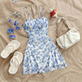 Damen Sommerliches Blumenkleid mit Spaghetti-Trägern und Raffungen