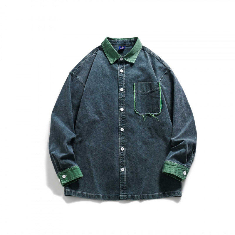 Herren Oversize Denim‑Hemdjacke mit kontrastkragen, ausgefranster Brusttasche und legerer Boxy‑Silhouette Shop Nory