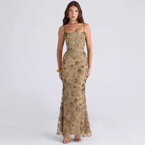 Damen nan elegantes besticktes Abendkleid mit Korsettoberteil und transparentem Spitzenüberzug