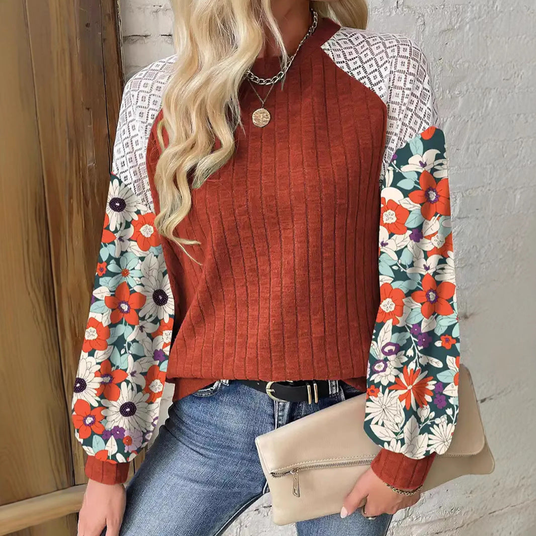 Damen Pullover mit Rippenstruktur, Häkel-Raglan und geblümten Ballonärmeln Shop Nory