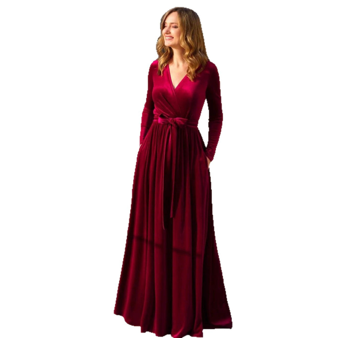Damen nan elegantes Wickelmaxikleid aus Samt mit V-Ausschnitt, Taillengürtel und seitlichen Eingrifftaschen Shop Nory