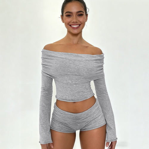 Damen nan Off-Shoulder Lounge-Set mit Langarm-Croptop und Highwaist-Shorts aus Stretchjersey Shop Nory