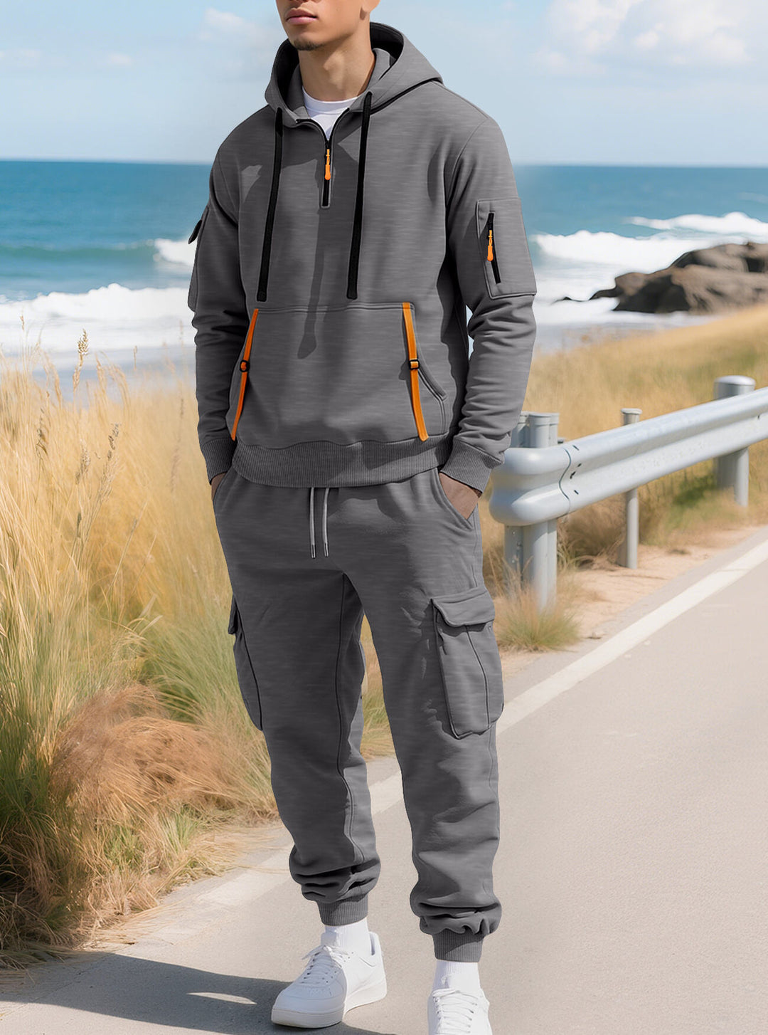 Herren Kapuzensweatshirt mit Utility-Taschen, Halbzip und kontrastierenden Reißverschlüssen Shop Nory
