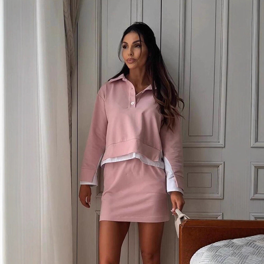 Damen Lässiges Zweiteiliges Sweatset mit Hemdkragen, Cropped‑Pullover und High‑Waist Bike‑Shorts Shop Nory