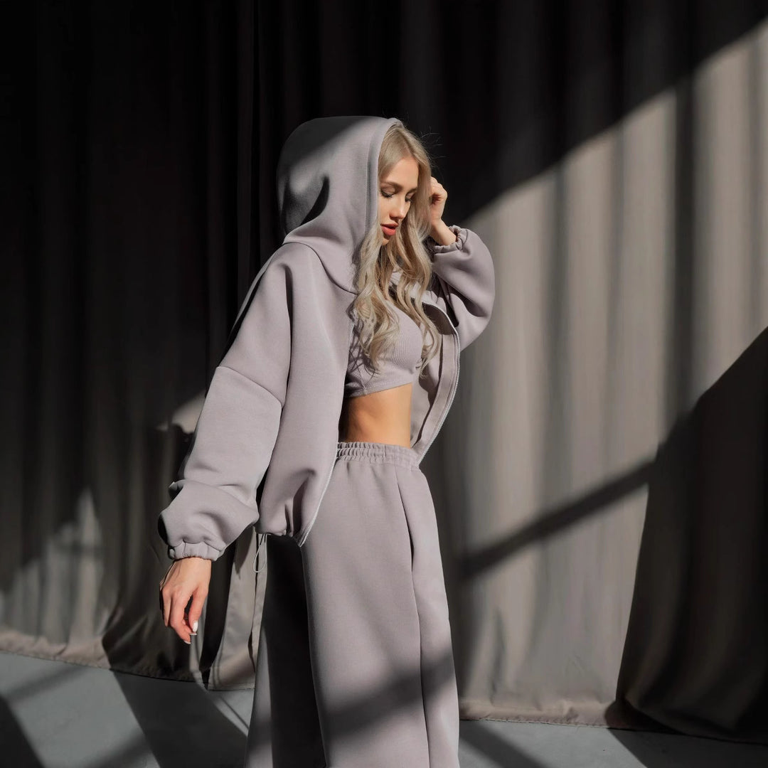 Damen gekürztes Scuba-Hoodie mit oversized Kapuze und elastischer High‑Waist Jogginghose Shop Nory
