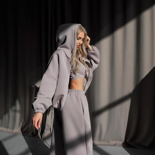 Damen gekürztes Scuba-Hoodie mit oversized Kapuze und elastischer High‑Waist Jogginghose Shop Nory