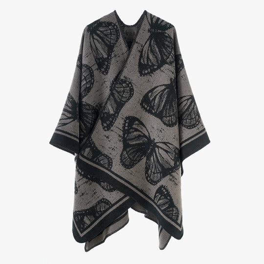 Damen Jacquardstrick‑Poncho mit Schmetterlingsmotiv und asymmetrischem Zipfelsaum Shop Nory