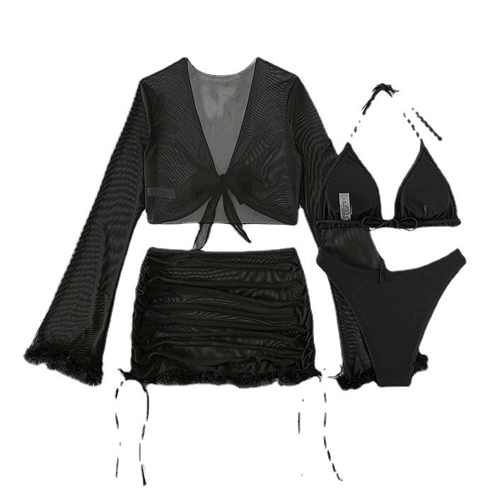 Damen Bikiniset mit raffinierten Rüschendetails und Langarmcover Shopnory