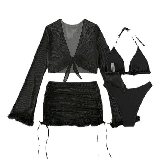 Damen Bikiniset mit raffinierten Rüschendetails und Langarmcover Shopnory
