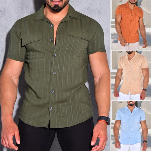 Herren Tailliertes Kurzarmhemd mit Strukturstreifen, Camp-Kragen und Brustklappen Shop Nory