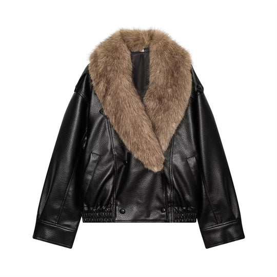 Damen Kurz geschnittene Lederjacke mit vollem Pelzkragen und elastischem Saum Shop Nory