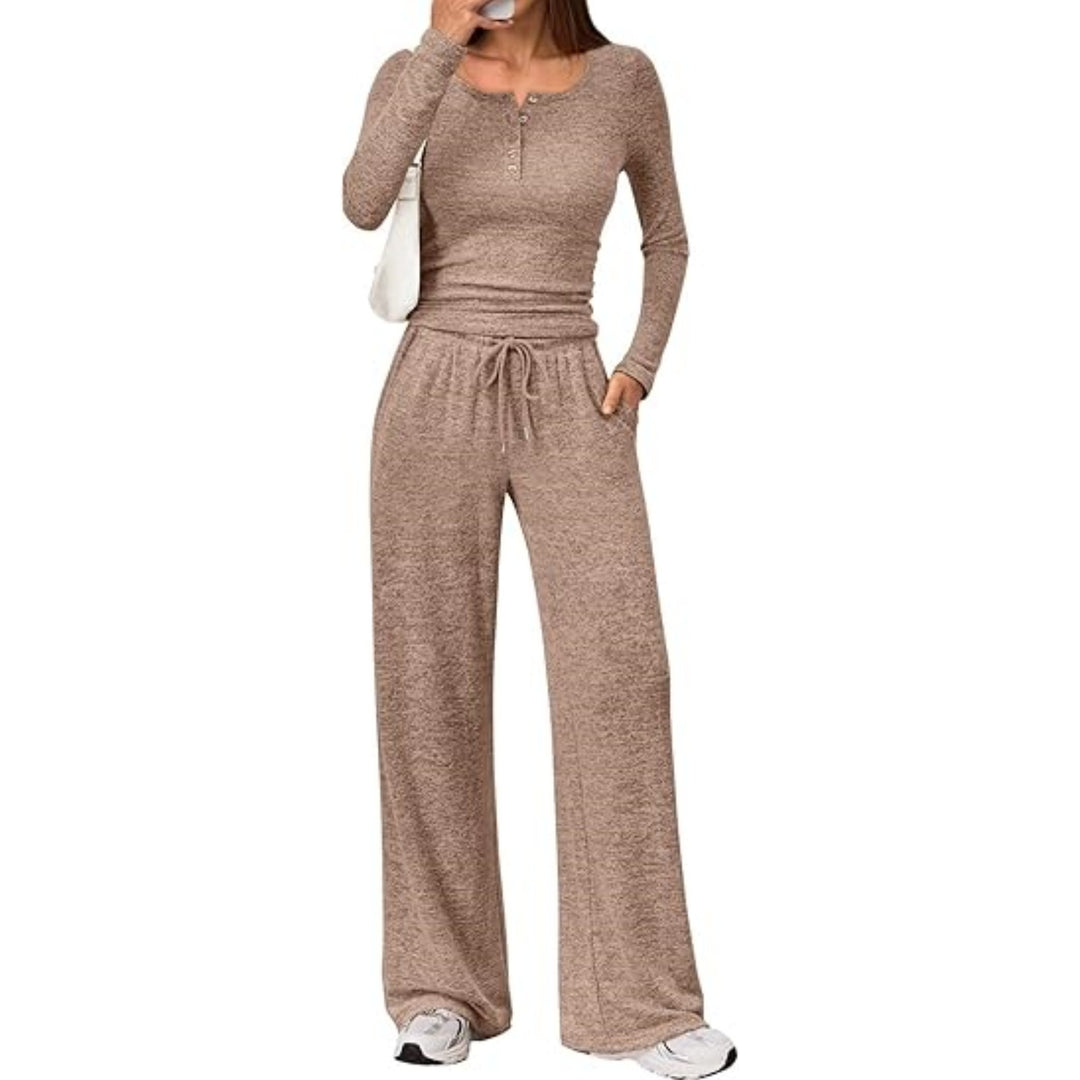 Damen Zweiteiliges Feinstrick-Lounge-Set mit Henley-Top und Palazzo-Hose Shop Nory