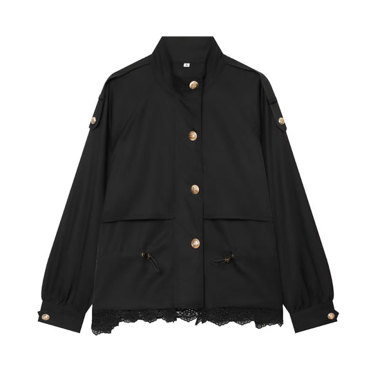 Damen leichte Fieldjacke mit Tunnelzug, Stehkragen, Epauletten und Spitzenbesatz Shop Nory