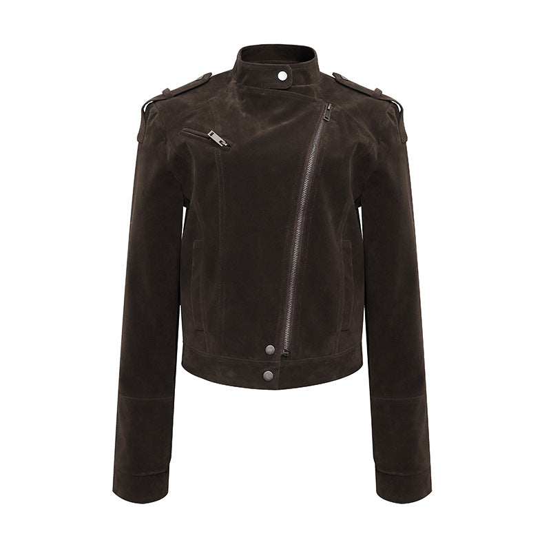 Damen Kurze Veloursleder-Bikerjacke mit asymmetrischem Reißverschluss und Stehkragen Shop Nory