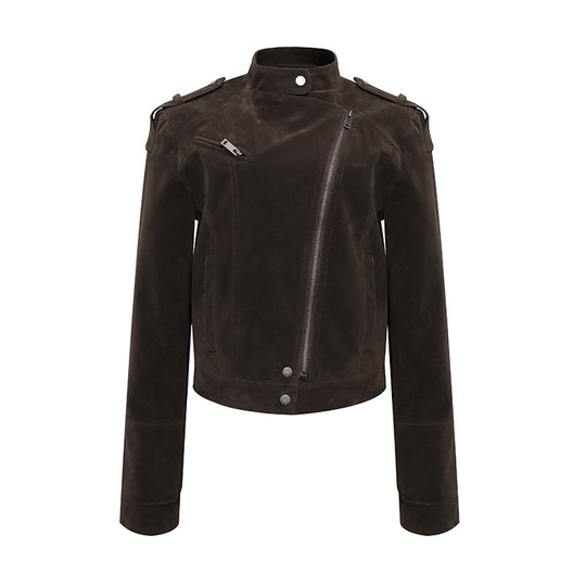 Damen Kurze Veloursleder-Bikerjacke mit asymmetrischem Reißverschluss und Stehkragen Shop Nory