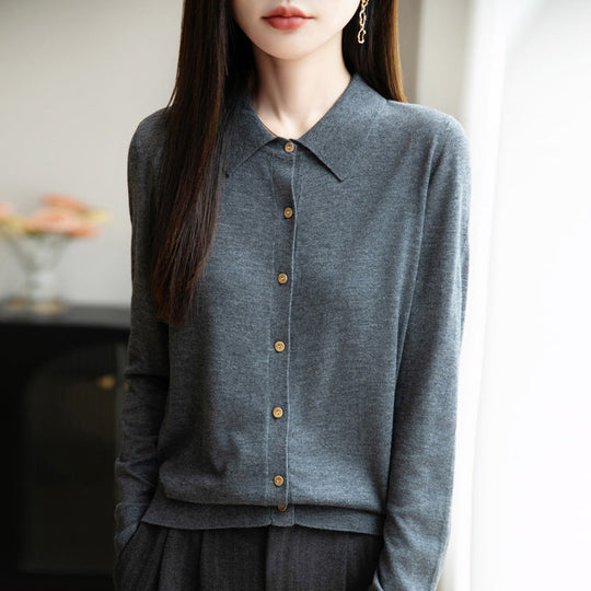 Damen weiche Wollbluse mit Knopfleiste