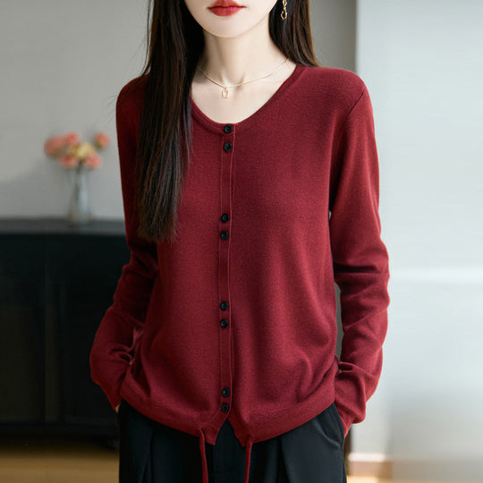 Damen Leichter Feinstrick-Knopfleisten-Cardigan mit Rundhalsausschnitt Shop Nory