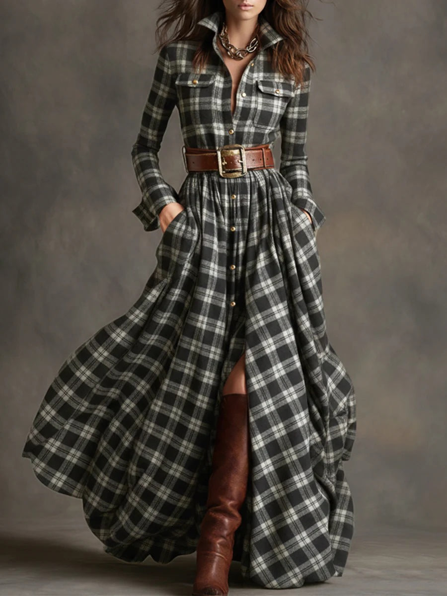 Damen Karierte Maxikleid mit Hemdbluse-Oberteil, Taillierter Bund und Eingrifftaschen Shop Nory