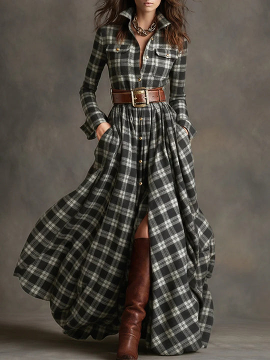 Damen Karierte Maxikleid mit Hemdbluse-Oberteil, Taillierter Bund und Eingrifftaschen Shop Nory