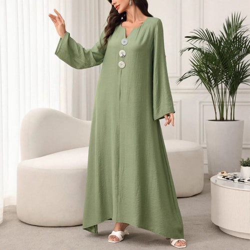 Damen Maxikleid mit Zierknöpfen, V-Ausschnitt und krempelbaren 3/4-Ärmeln Shop Nory