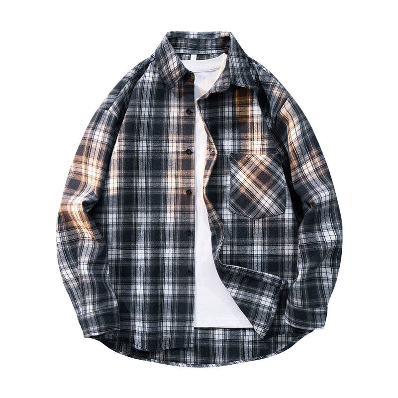 Herren kariertes Oversized Flanellhemd mit aufgesetzter Brusttasche, Rundem Saum und durchgeknöpfter Vorderseite Shop Nory