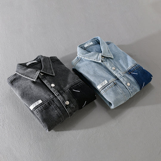 Herren Denim-Hemdjacke mit kontrastierter Brusttasche und Druckknopfverschluss Shop Nory