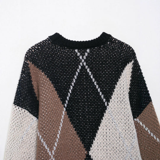 Damen Grobgestrickter Argyle-Pullover mit Rundhalsausschnitt und Oversize‑Silhouette Shop Nory