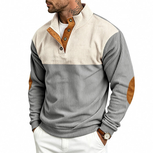 Herren Strukturierter Troyer-Pullover mit Stehkragen, Druckknopfleiste und Ellbogen‑Patches Shop Nory
