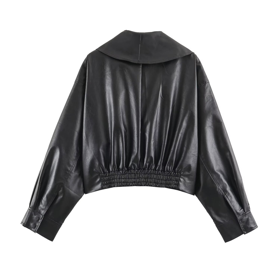 Damen Kurze Oversize-Lederoptikjacke mit weitem Schalkragen und Gürtel Shop Nory