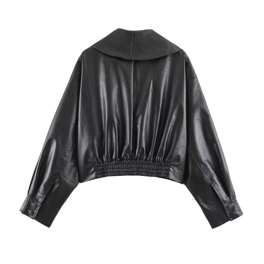 Damen Kurze Oversize-Lederoptikjacke mit weitem Schalkragen und Gürtel Shop Nory