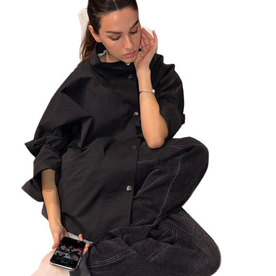Damen Oversize-Hemdjacke mit Stehkragen, kastiger Silhouette und Druckknopf-Leiste Shop Nory