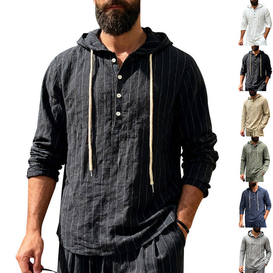 Herren nan Kapuzenshirt aus Leinenmix mit halber Knopfleiste und Nadelstreifen