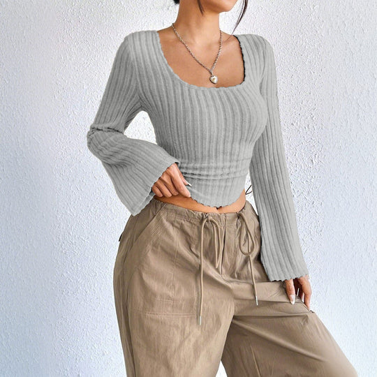 Damen geripptes Crop-Top mit quadratischem Ausschnitt, gewelltem Saum und ausgestellten Ärmeln Shop Nory