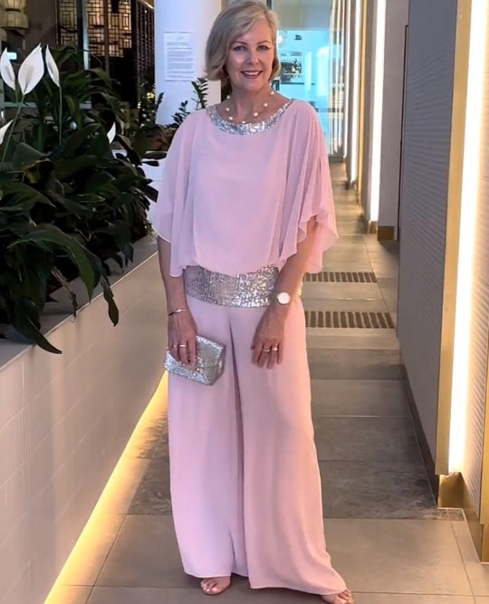 Damen Elegantes Zweiteiliges Abendensemble mit Chiffon-Cape, Paillettenbesatz und Palazzo-Hose Shop Nory